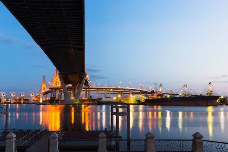 Landscape of Bhumibol Bridge or Industrial Ring Bridge in sunset time, Bangkok, Thailandの写真素材
