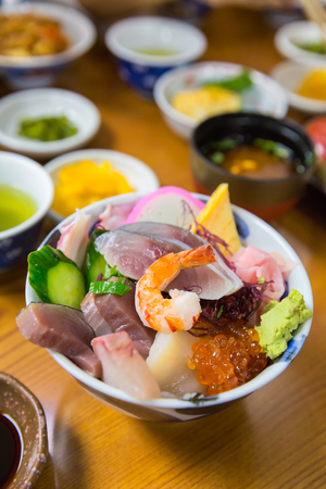 Sashimi raw fish seafood on rice, Japanese foodの写真素材