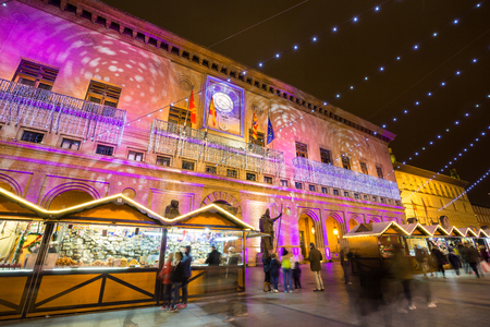 Zaragoza Spain - December 31 2016: Christmas festival in Cathedral Basilica of Our Lady of the Pillar at night, Zaragoza, Spainのeditorial素材