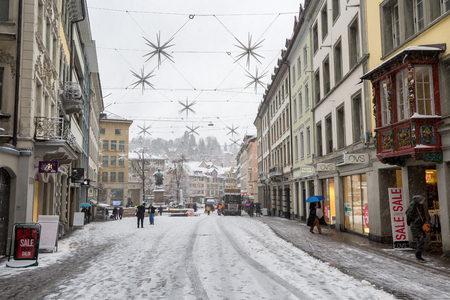 St.Gallen Switzerland - December 27, 2017: Snow storm day in St.Gallen city at Switzerlandのeditorial素材