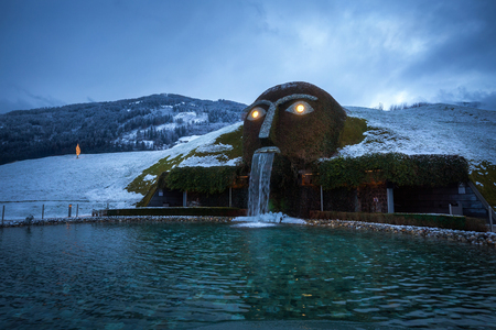 Innsbruck Austria - December 27, 2017: Swarovski crystal worlds (Kristallwelten) museum with snow in winter day at dusk, Austriaのeditorial素材