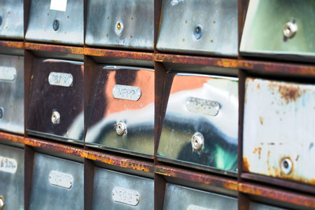 Closeup of old metal lockers grunge style backgroundの写真素材