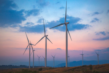 Group of Wind turbines in sunset at Khao Kho, Phetchabun, Thailand
