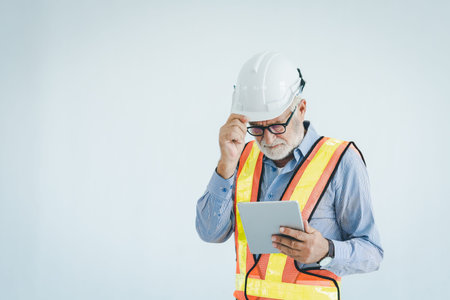Engineer using tablet with safty helmet on white background, vintage styleの写真素材