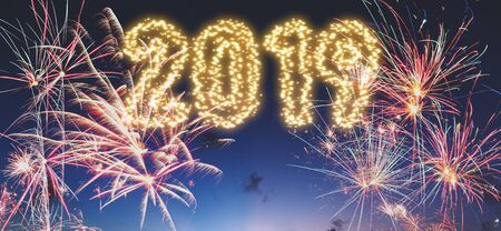 New year 2019 concept, Firework with sky and beach at sunsetの写真素材