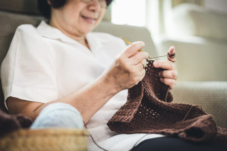 Handmade hobby stay home concept, Happy asian old woman knit brown scarf crochet on sofa in living...