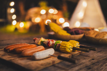 Family making barbecue meat grill in dinner party camping at nightの写真素材