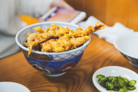 Shrimp tempura on rice with ingredient, Japanese foodの写真素材
