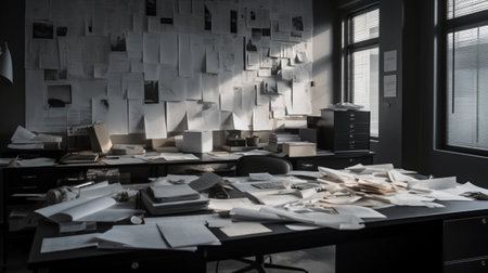 A table with a lot of different papers in progress to identify a solution, inside a modern stylized officeの素材