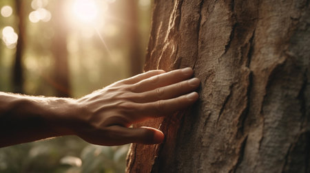 Light shines through, close-up hands touching the tree trunk in the forest The human concept is concerned about nature and saving the planet.AI Generateの素材