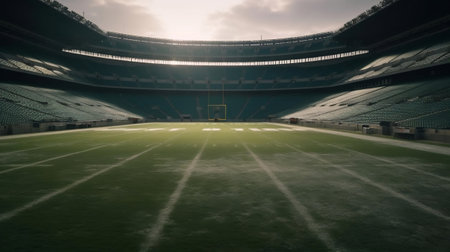 green field in american football stadium. ready for game in the midfieldの素材