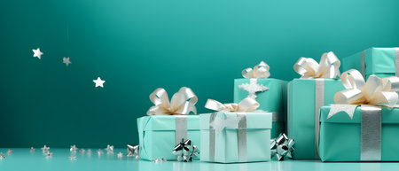 Festive Turquoise Christmas Gift Boxes Velvet Ribbons and Copy Spaceの素材