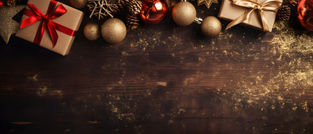 Christmas background with golden ornaments and gift boxes on rustic wooden board. Top view with copy spaceの素材