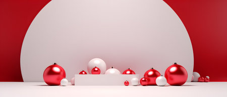 3d rendering of red christmas baubles and white podium.の素材