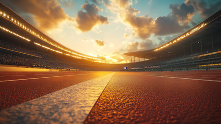Sunset over empty stadium track, serene viewの素材