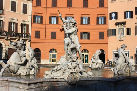 Fountain of Neptune at Piazza Navona in Romeの写真素材