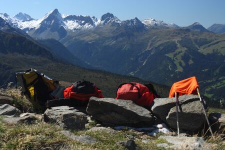 backpacks on footpath in Rhone-Alpes の写真素材