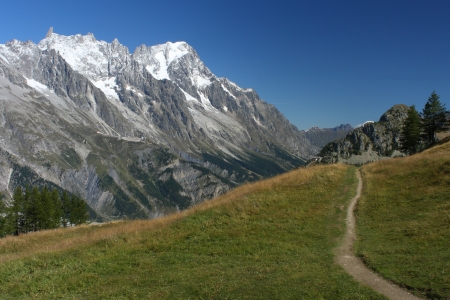 footpath across alpine meadow above Aosta Valley, Italyの写真素材