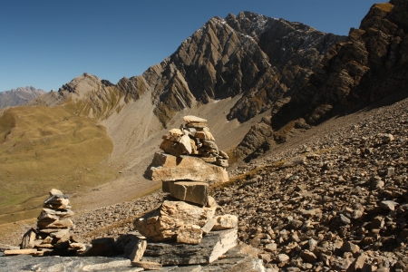 stony cairns in Graian Alps, Italyの写真素材
