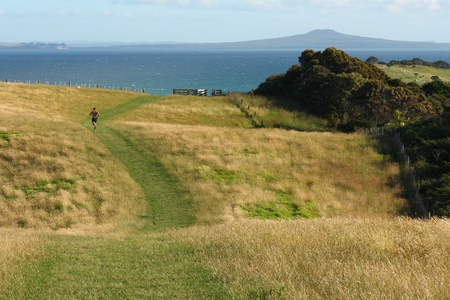 man running across grassy hillsの写真素材