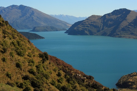 islands on lake Wanaka, New Zealandの写真素材