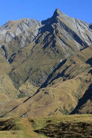 walker on footpath in Southern Alps, New Zealandの写真素材