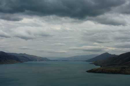 clouds over lake Hawea, New Zealandの写真素材