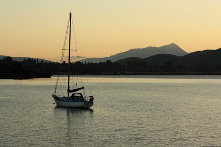 yacht moored at lake Te Anau, New Zealandの写真素材