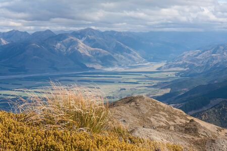Waiau river valley seen from Mt Isobel, New Zealandの写真素材