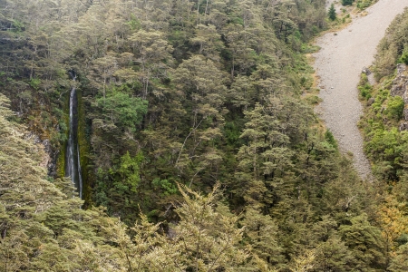 waterfall in forest near Hanmer Springs, New Zealandの写真素材