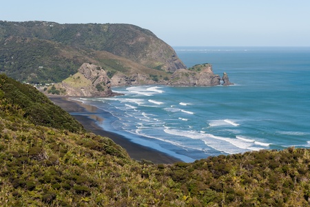 aerial view of Piha beach and Waitakere Rangesの写真素材