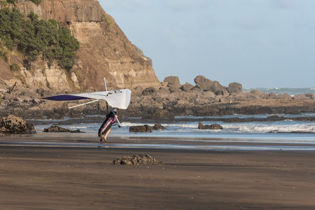hang glider landing on beach in New Zealand