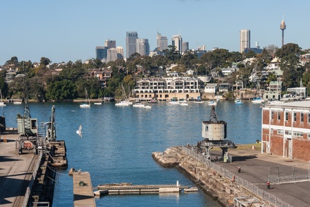 dockyard on Cockatoo Island with Sydney cityscape in backgroundのeditorial素材