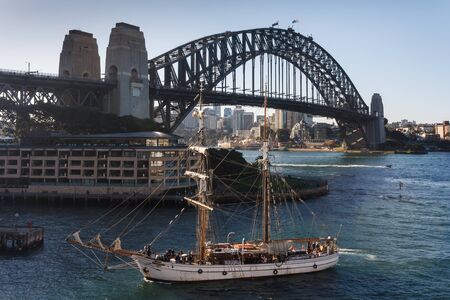 historic boat sailing in Sydney harbourの写真素材