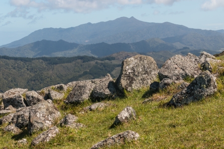 rock boulders on slope in Coromandel Rangeの写真素材