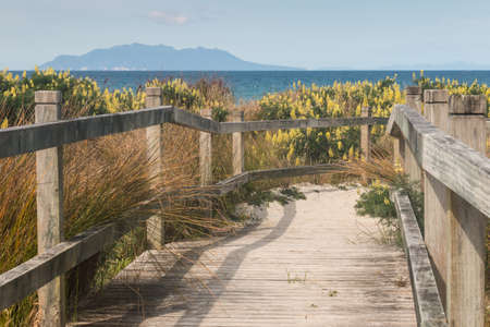 wooden boardwalk at Omaha Beachの写真素材