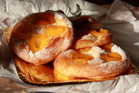 three ensaimadas with apricotsの写真素材