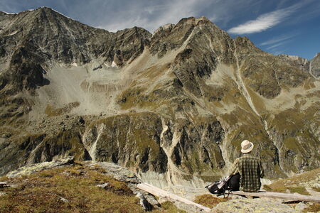 hiker resting in Val d Anniviers - Swiss Alpsの写真素材