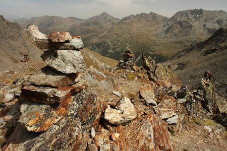 cairns marking way in Val d Anniviers, Switzerlandの写真素材