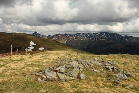 footpath with wooden poles in Monts du Cantalの写真素材