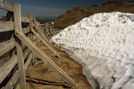melting snow at plomb du cantal ski resortの写真素材