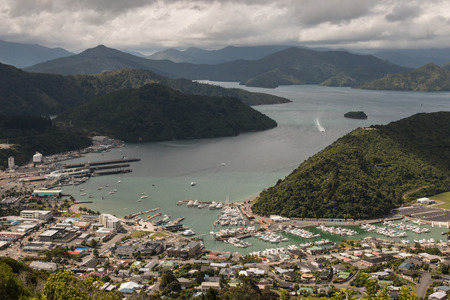 aerial view of Picton, New Zealandの写真素材