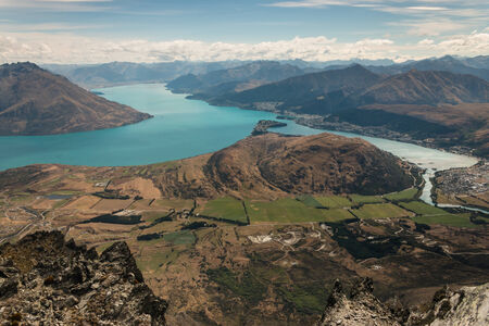 aerial view of lake Wakatipu in New Zealand の写真素材