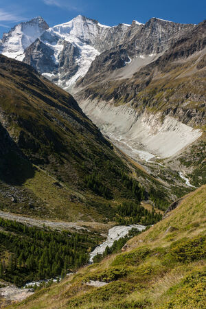 aerial view of glacial valley in Swiss Alpsの写真素材