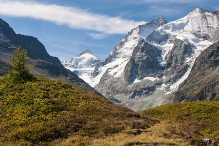 snow covered peaks above Val d Anniviers in Switzerlandの写真素材