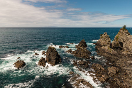 volcanic boulders on New Zealand coastの写真素材