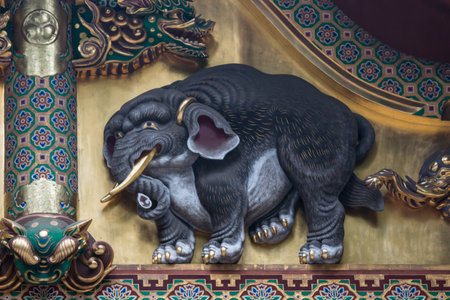 detail of carved relief on Shinto shrine in Nikkoの写真素材