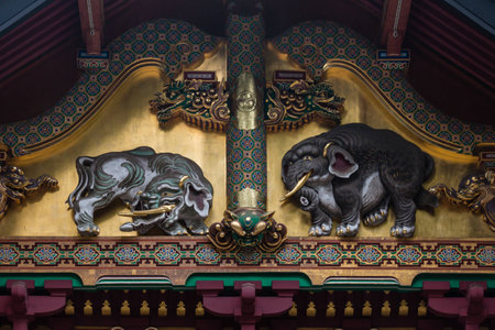 wooden carving on Shinto shrine in Nikkoの写真素材