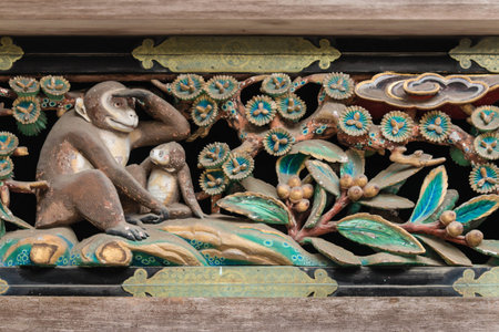 ancient carving on shrine in Nikko Tosho-guの写真素材