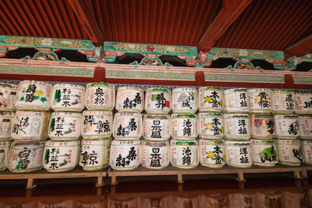display of sake barrels at shrine in Nikkoの写真素材